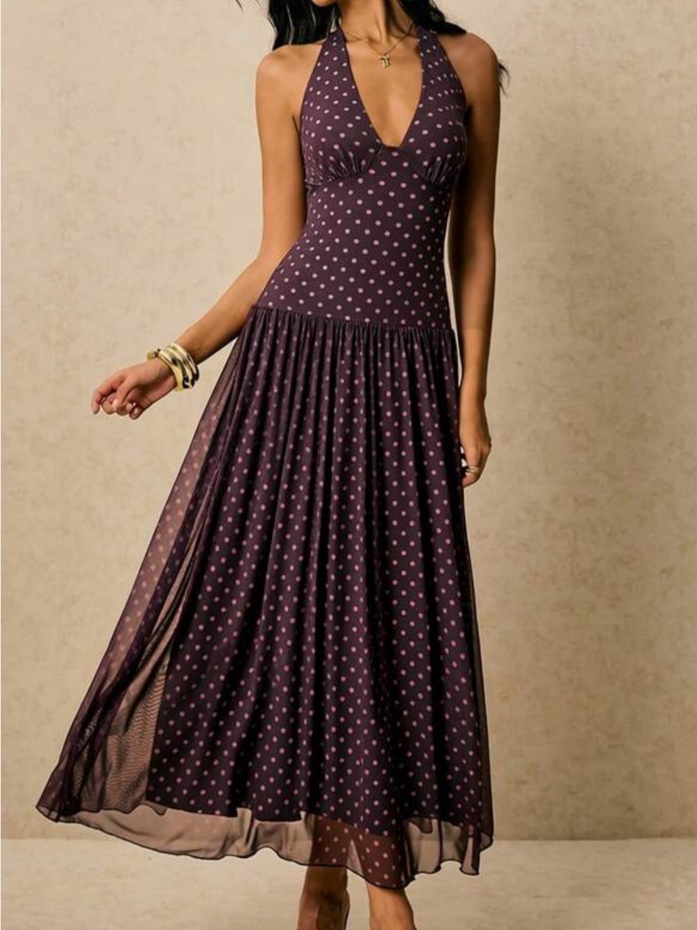 SHEIN Purple Halter Polka Dot Maxi Dress